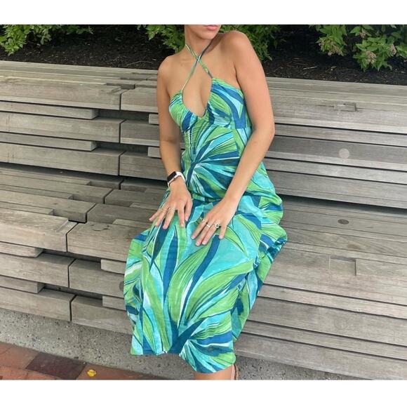 H&M Green Blue Printed Halter V-Neck Midi Dress Size M A-line Spring Summer New - Picture 1 of 9